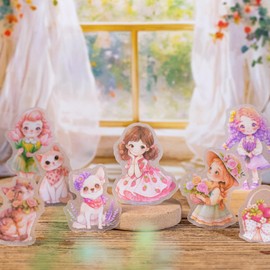 60Pcs Cute Stories Series PET Scrapbook Stickers, Daisy Rose Flower Hairy Girl Stickers Kit for Scrapbooking, Junk Journal Ephemera, DIY Crafts Waterproof Journaling Supplies