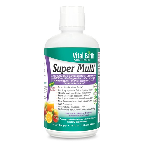 Vital Earth Minerals Super Multi - Liquid Multivitamins for Women, Men, and Kids, Liquid Vitamins & Minerals with Fulvic Acid for Max Absorption, MTHFR Support, 32 Oz