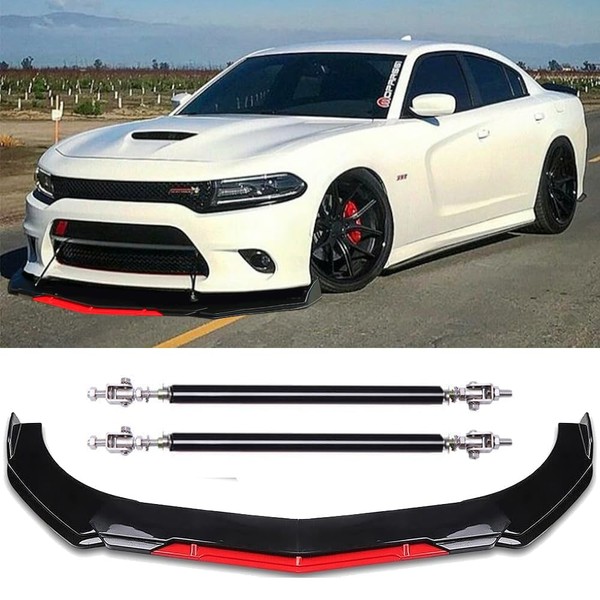 Front Bumper Lip Chin Spoiler Splitter Glossy Black W/Red Diffuser