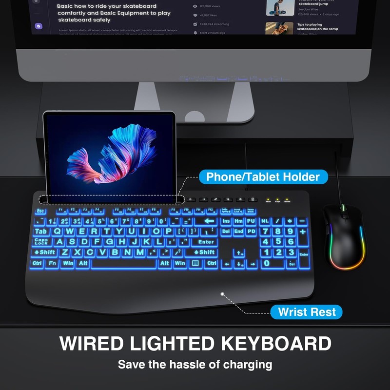 Wired Keyboard Mouse Combo - Large Print Backlit, Ergonomic Wrist