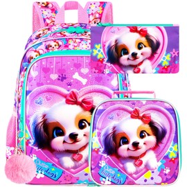 3PCS Girls Dog Backpack, Water Resistant Kids Bookbag Set with Lunch Box, Cute School Bag for Preschool Toddler - Heart Dog