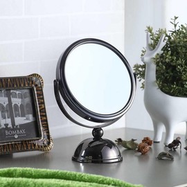 LJLB 5.5" Diameter Chrome Make-Up Mirror with 5X Magnification, 360-Degree Rotation, Black Finish