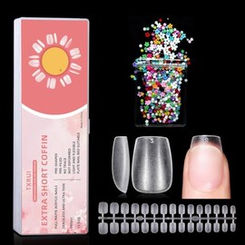 False Nail Tips, 240 Pieces, Matte Acrylic Nails Arts, Artificial Square Tips Nails for Nail Extension, Preformed False Nails Tips (240 Coffin Short XS/Decorations, 15 Sizes)