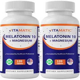 Vitamatic Melatonina 10 mg con magnesio 200 mg 120 comprimidos  Suplemento de apoyo para dormir de alta potencia, sin OMG, sin azcar, sin colores...  