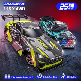 ACAMMZAR 1:16 RC Drift Car, 25KM/H 4WD High Speed Remote Control Cars for Kids, with LED Lights, Two Batteries, Extra Tires, Drift RC Cars for Adults