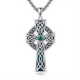 HUKKUN Celtic Cross for Men Sterling Silver Green Created Malachite Irish Cross Necklace Celtic Jewelry Gift for Men