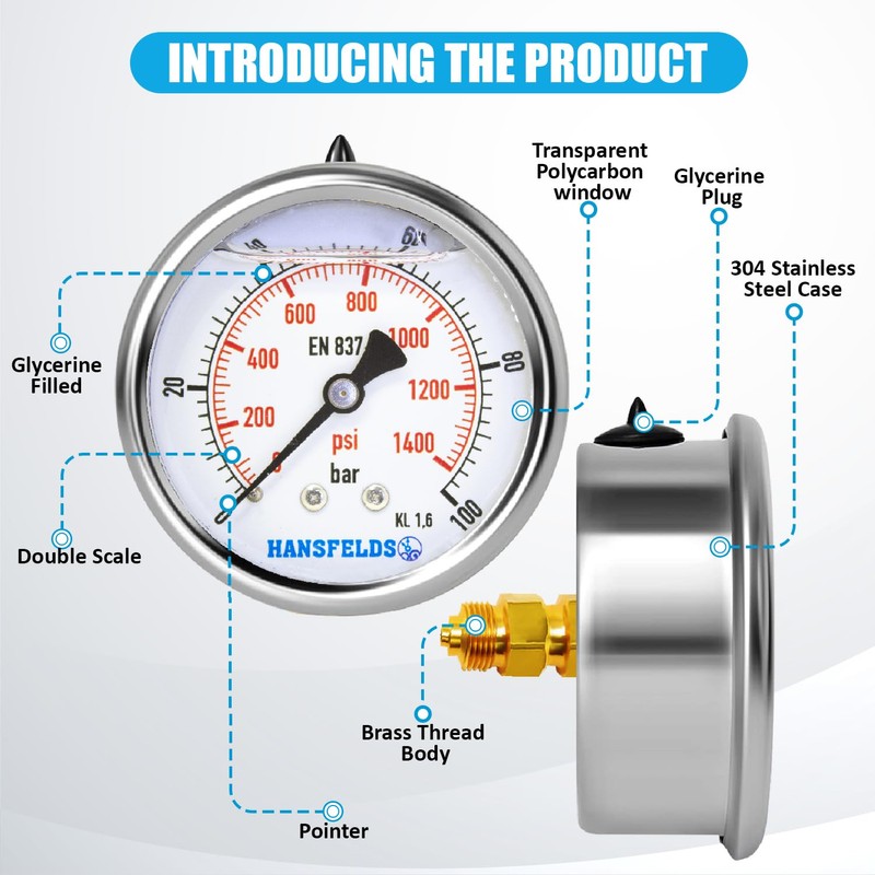Hansfelds Pressure gauge 0-100 bar/psi 63mm dial liquid filled 1/4