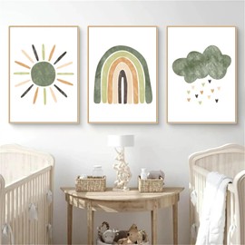 Herfair Set of 3 Pictures for Children's Room, Green Rainbow Clouds, Wall Pictures, Boho Decorative Posters, Baby Room without Frame for Boys and Girls, Bedroom Wall Decoration (21 x 30 cm, A4)