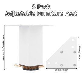 MUXHEL Pack of 8 Furniture Feet Adjustable White 100 mm - 115 mm Height Adjustable Metal Furniture Feet with Screws Cabinet Feet for Furniture Cupboards Bed Square Profile: 40 x 40 mm