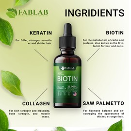 FabLab Biotin with Collagen, Keratin and Saw Palmett 25000msg Extract - Healthy Hair Skin & Nails for Adults, No Filler, No Stearate-Anti Aging Collagen Vitamins for Men & Women- 2 Fl Oz