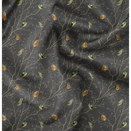 Soimoi Gray Velvet Fabric Leaves & Flowerpecker Bird Print Fabric by Yard 60 Inch Wide