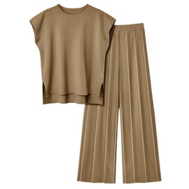 Veriliss Two Piece Outfits for Women Co Ord Sets Knited Sweater Set Tracksuit Pullover Tops Elastic Waisted Pants Lounge Wear (Brown,M)