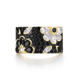 Santuzza Sterling Silver Black & White Orchid Ring Black Spinel Cubic Zirconia Gold Plated Flower Band Ring for Women (10)
