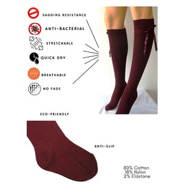 3 Pairs Girls Knee High Socks With Bow - Cotton Rich Long High Knee Socks, Maroon Bow - Fits Aged 11 Plus Years / Kids Shoe Size 4-6