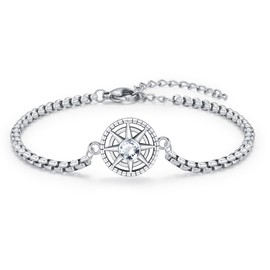 OHAYOO Women's Bracelet Silver 925 Compass Birthstone April Zirconia Bracelet Jewelry for Women Men Girls Teenager Gifts