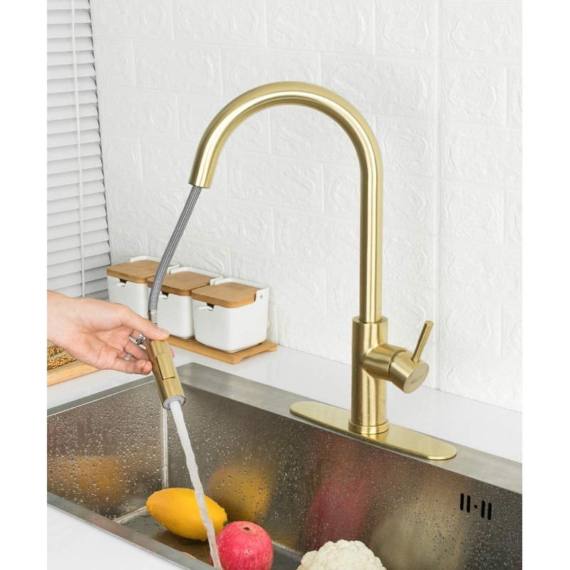 Gold Kitchen Sink Faucet with Pull Down Sprayer, Modern Single