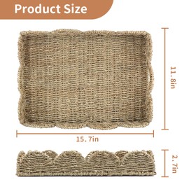 Scalloped Edge Wicker Rattan Serving Tray with Handles, Home Decor Organizational Trays, Handwoven Rectangle Seagrass Storage Basket for Coffee Table Ottoman and Living Room