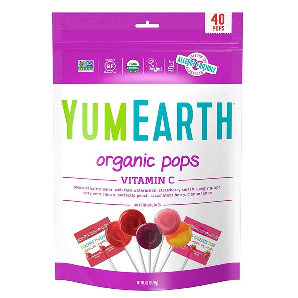YumEarth Organic Vitamin C Lollipops, 40 lollipops per Pack, 8.7 Ounce (Pack of 1) - Allergy Friendly, Non GMO, Gluten Free, Vegan (Packaging May Vary)