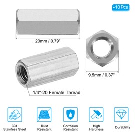 PATIKIL 1/4"-20 UNC Hex Coupling Nuts, 10Pcs 0.79" Long Fully Threaded Rod Coupling Nut Studding Connector Fasteners Galvanized Carbon Steel