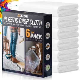 12 x 9 Ft Plastic Drop Cloths (6-Pack) - Disposable Painter's Sheeting & Tarps for Painting, Waterproof Furniture/Couch/Floor Protection
