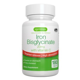 Igennus Clean Iron Bisglycinate 20mg, Vitamin C, 6 Month Supply, Gentle Chelated High Absorption Formula & Targeted Release Ferrous Bisglycinate for Women and Men, One Daily, Vegan, 180 Tablets