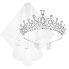 Wedding Bride Crown Lace Veil for Women Bridesmaid, Crystal Tiara and White Veil for Girls Bachelorette Party, Princess Rhinestones Crown and Veil Hair Accessory Set for Bridal Shower