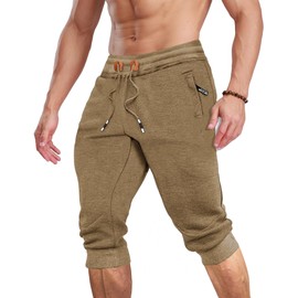 MAGCOMSEN Mens Capri Joggers Training Shorts Men 3/4 Shorts Knee Length Shorts Athletic Shorts Bodybuilding Shorts Jogger Shorts Capri Shorts Khaki