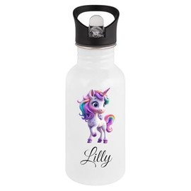 Personalisierte Trinkflasche Kinder Edelstahl [ 400ml ] - Robuste Trinkflasche mit Namen und Einhorn - Wasserflasche mit Trinkhalm