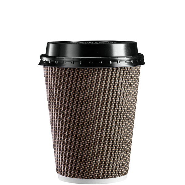 Comfy Package, (50 Sets - 12 oz. Insulated Brown Patterned Ripple Paper Hot Coffee Cups With Lids (Lids Color May Vary)