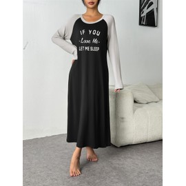 Ekouaer Women's Long Sleeve Nightdress with Crew Neck Print Soft and Lightweight S-XXL, 1 black