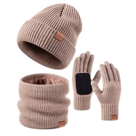 FISFET Mens Womens Hat Scarf Gloves Set Winter, Knit Lined Warm Winter Touch Screen Gloves Beanie Hat Neck Warmer Snood for Cold Weather, Fashion 3 in 1 Winter Warm Gift Set(Light Khaki)