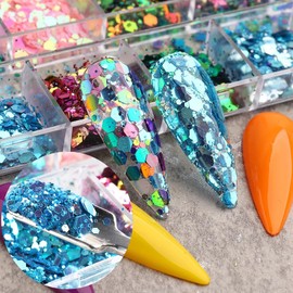 12 Grids Chameleon Nail Art Sequins Hexagon nail glitter Holographic process sticker sequins Mermaid Powder Thin Slices Shining Charm DIY Shining Nail Art Tips for Women's Nail and Mermaid Jewelry