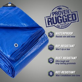 Rugged Rhino All Weather 100% Waterproof Heavy Duty Tarp, 5 Mil UV Temperature Resistant Tarps, High Durability Multipurpose Cover, for Home Outdoor Patio Winter Leaf Camping, 10x20 1 Pack Blue
