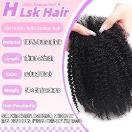 Afro Kinkys Human Hair Bulk 50g/Pack Natural Black 100% Human Hair Soft 4C Afro Kinky Bulk Human Hair for Locs Extensions/Twists/Braids Can Dye and Bleach (Natural Black, 22 Inch)