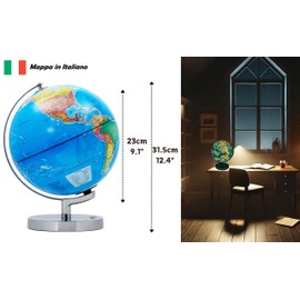 EXERZ 23 cm illuminate globe metal base - Italian Map - student globe with wire-free LED lighting, political map (time of day), constellation stars (night)