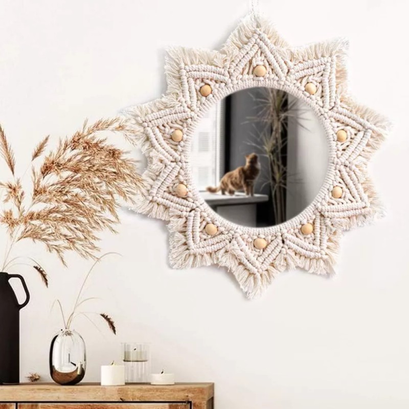 generic 2024 Boho Espejo De Pared Círculo Macramé Espejo Colgante