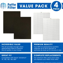 Fette Filter - Air Purifier Filters Compatible with Oreck Airinstinct 75, 100, 100, 150, 200 HEPA , Contains 2 HEPA and 2 Carbon Replacement Filters - Pack of 2