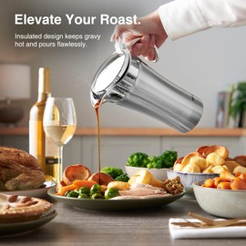 VonShef Gravy Boat with Lid, 1 Litre Stainless Steel Gravy Jug, Double Wall Insulated Thermal Pot, Easy Clean 1L Serving Jug for Gravy, Custard & Cream