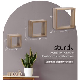 Kiera Grace Set of Three Cubbi Rustic & Timeless Decorative Engineered Wood Square Floating Wall Shelves for Home, Room, & Office, 5" / 7"/ 9", Brown