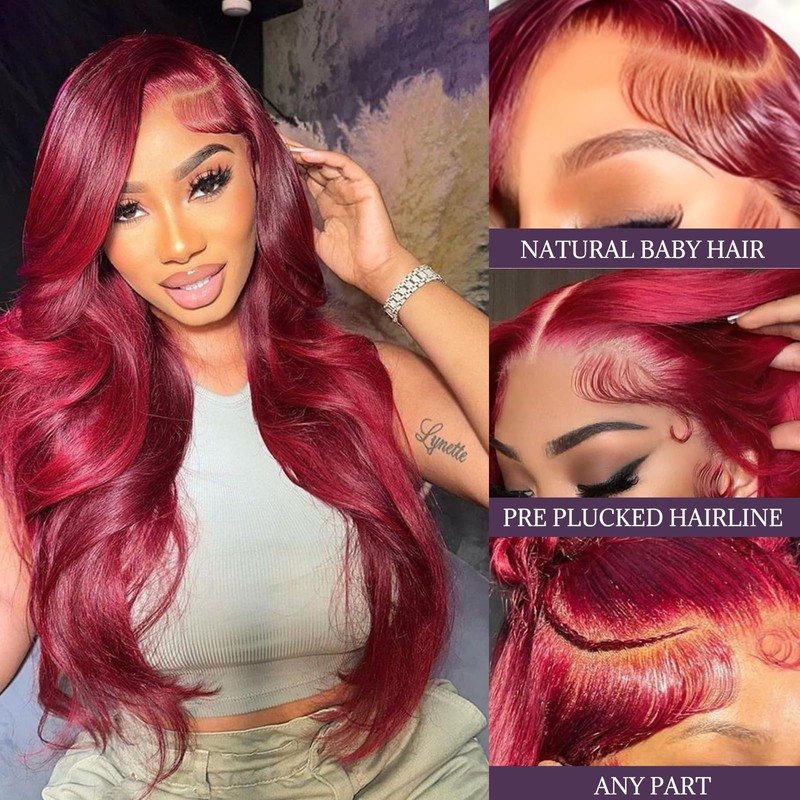SISHAIRRO 30 Inch 99J Burgundy Lace Front Wigs Human Hair