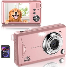 Digital Camera, 4K HD 1080P 48MP Photo Camera Compact Camera, Mini Digital Camera with 32GB SD Card FHD Photo Camera, Digital Camera with LCD Screen, 16X Digital Zoom for Beginners (Pink Digital