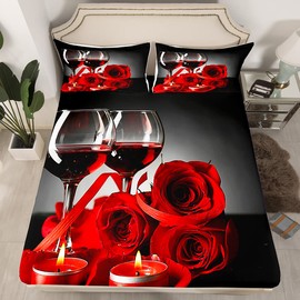Red Rose Bed Sheets King Romantic 3D Rose Floral Sheets for Women Girls Adult Wine Glass Blossom Banquet Sheet Set Gray Black Flat Fitted Sheet, Flower Petals Valentine's Day Bed Set Bedroom Decor