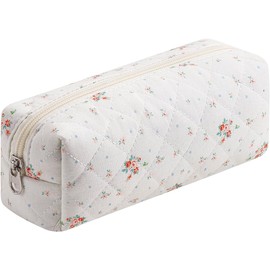 HHQQWZ Cute Floral Cotton Makeup Brush Cosmetic Bag for Women, Travel Quilted Zipper Make Up Bag, Flowers Toiletry Organizer Case Kawaii Makeup Cosmetic Travel Cloth Pouch (White Small Flower)