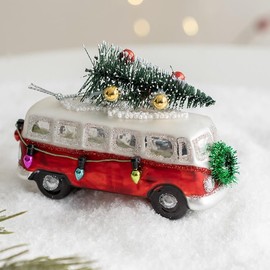 Fassory Festive Camper Van Glass Christmas Bauble, Handmade Blown Glass Christmas Ornament Decorations, Christmas Tree Decorations (Festive Camper Van)