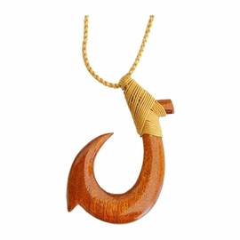 Zero Gravity Hawaii Koa Wood Hand Carved Makao Fish Hook Necklace