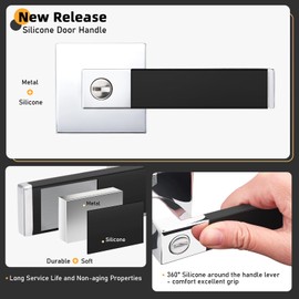 Gobrico 2 Pack Modern Soft Black Silicone Door Handles - Bedroom Privacy Levers With Polished Chrome Knobs - Heavy Duty Reversible Keyless Square Interior Locks