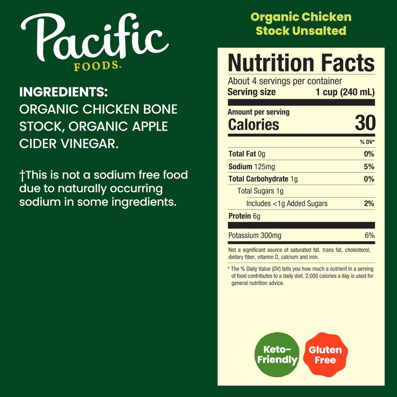 Pacific Foods Organic Unsalted Chicken Stock, 32 oz Carton