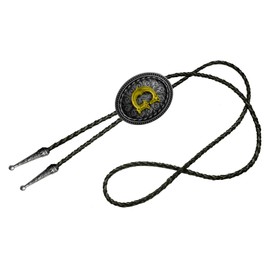 Moranse Bolo Tie Silver Initial Letter A to Z In Western Cowboy Oval Medal Style with Cowhide Rope Necktie(G)