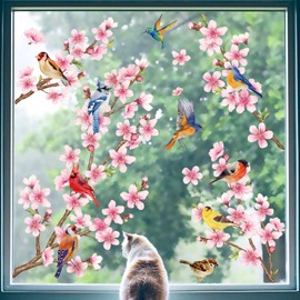 decalmile Cherry Blossom Branch Double Sided Window Clings Birds Floral Flowers Window Decals Anti-Collision Glass Window Doors Window Stickers