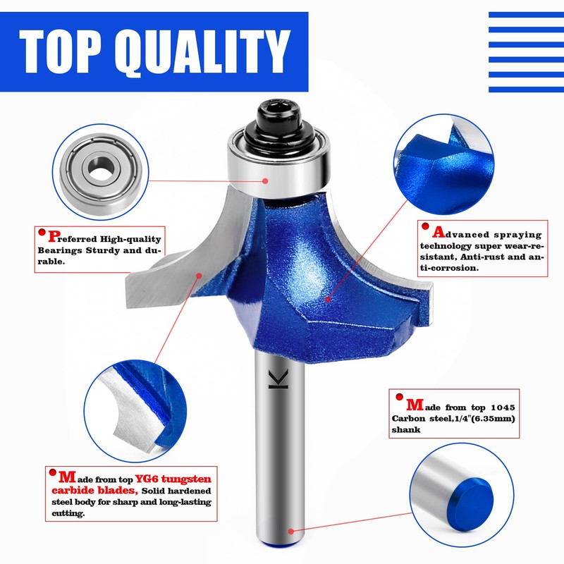 6Pcs Roundover Router Bit 1/4 Shank,Radius 1/8" 3/16" 1/4" 5/16"